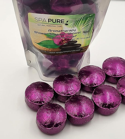 Spa Pure Aromatherapy Shower Steamers: Lavender-Eucalyptus Shower Bomb, Bath Melt, Soothers, USA Made with 100% Natural/Organic Essential Oils - Transform Your Shower (8 Count) Pack of 1