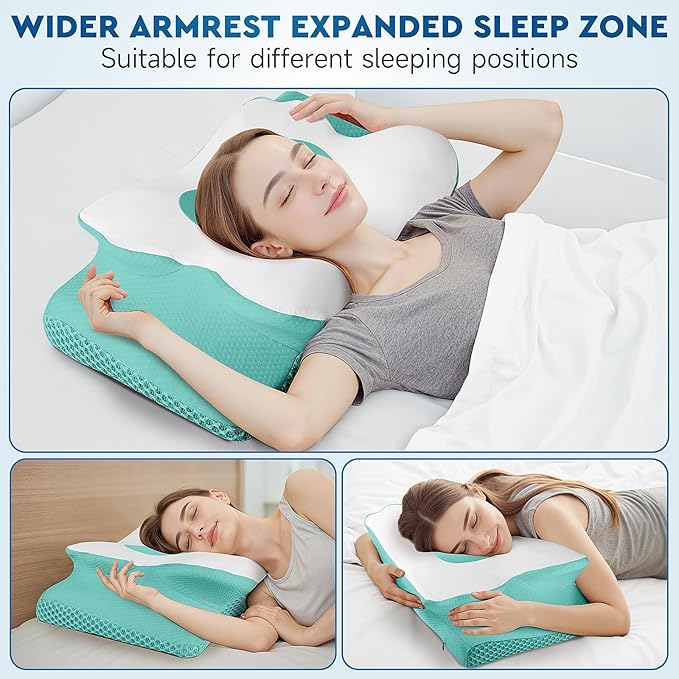 Cervical Neck Pillow, Memory Foam Neck Support Pillows for Sleeping, Shoulder Pillow for Side Sleepers, Back Stomach Sleepers, CertiPUR-US Certified, Queen Size, Green