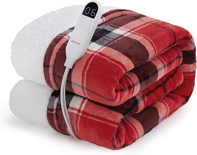 Bedsure Plaid Heated Throw Blanket - Flannel Sherpa Electric Blanket with Red Plaid Pattern, Warm for Grandma, Heating with 6 Heating Levels, 4 Time Settings, 3-Hour Auto-Off (50"x60")