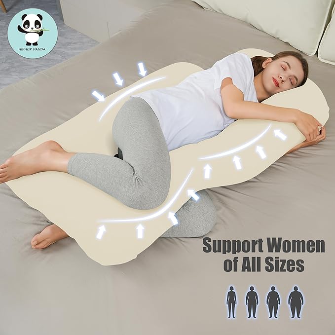 HIPHOP PANDA U-Shaped Pregnancy Pillow for Sleeping - Full Body Maternity Support Pillow with Cooling Removable Cover - Comfort for Back, HIPS, Legs, Belly - 57 Inch for Pregnant Women, Ivory