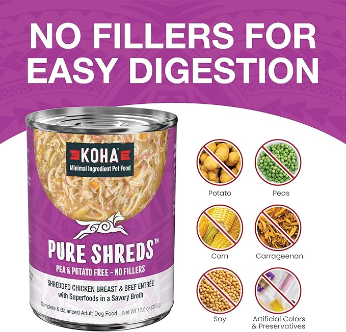 KOHA Pure Shreds Chicken and Beef Entrée for Dogs, 12.5oz Cans (Pack of 12)