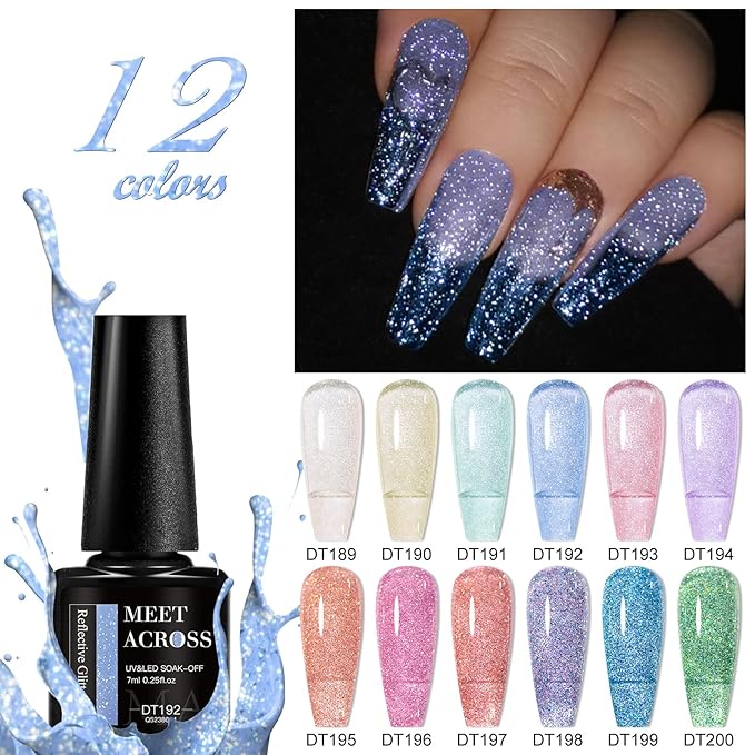 MEET ACROSS Reflective Glitter Gel Polish Jelly Purple Pink Glitter Sparkly Shiny Disco DJ LED Gel Nail Polish Nail Varnish 12PCS