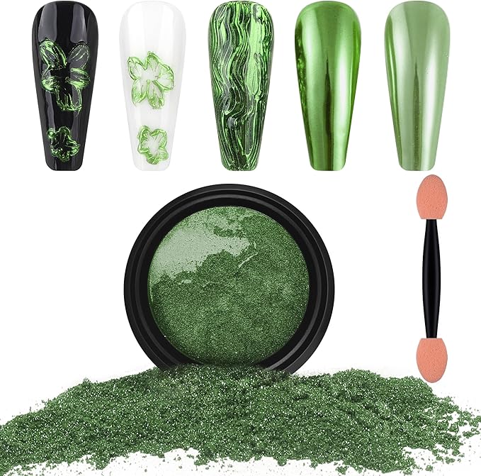 Artdone Chrome Nail Powder, Grass Green Iridescent Aurora Powder Metallic Mirror Effect Pigment Pearlescent Mermaid Pigment Pearl Glitter Dust Kit, Nail Art Decoration, Resin Craft