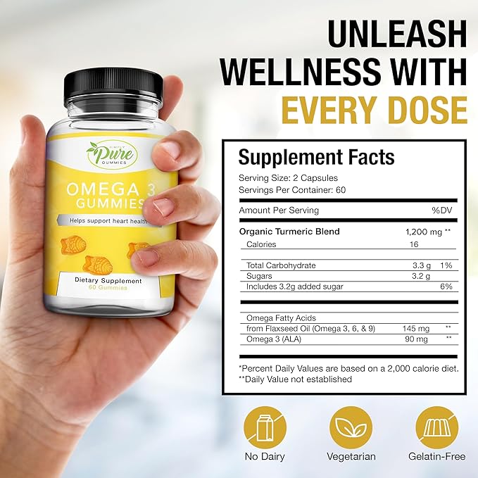 Pure By Nature Omega 3 Gummies for Adults & Kids, Omega 3 Fatty Acid Supplements with Omega 3 6 9 for Circulatory Support, No Fish Oil Orange Flavor Omega Gummies, 60 Days Supply (60 Count)