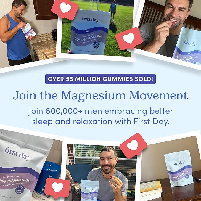 First Day Men’s Nighttime Reset Calming Magnesium Gummies – Sleep Aid Supports Peaceful Rest, Balanced Mood & Energy – Supplement with Magnesium Citrate, L-Theanine & No Melatonin – 30-Day Supply