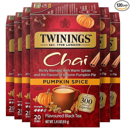 Twinings Pumpkin Spice Chai Black Tea Individually Wrapped Bags, 20 Count (Pack of 6), Warm, Spicy & Aromatic, Caffeinated, Enjoy Hot or Iced, 120 Teabags