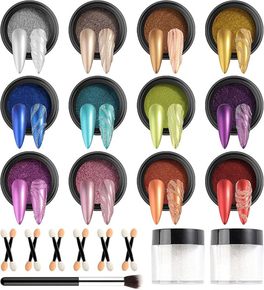 Chrome Nail Powder with Nail Glitter Set 12 Colors Gold Silver Copper Holographic Nail Powder Iridescent Metallic Mirror Crome Powder with Brushes for Chrome Gel Nail Decor