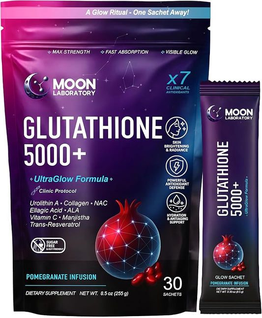 7 Antioxidants Complex – L-Glutathione 5000mg, Urolithin A, Vitamin C, NAC, ALA, Resveratrol, Manjistha & Collagen. Skin Brightening | Anti-Aging | Detox & Hydration. 30 Sachets, Pomegranate Flavor