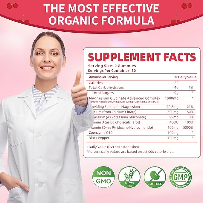 Natures Aid Magnesium Glycinate Gummies 1000mg - Sugar Free Magnesium Potassium Supplement with Vitamin D, B6, CoQ10 for Calm Mood & Sleep Support - 120 Cherry Gummies -2 Pack