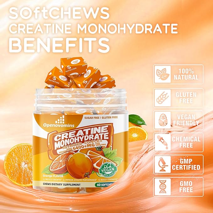 Creatine Monohydrate Soft Chews Complex 6400mg for Men & Women -Advanced Formula W/L-Taurine + Vitamin B12, Sugar Free Chewable Supplement,60 Orange Softchews