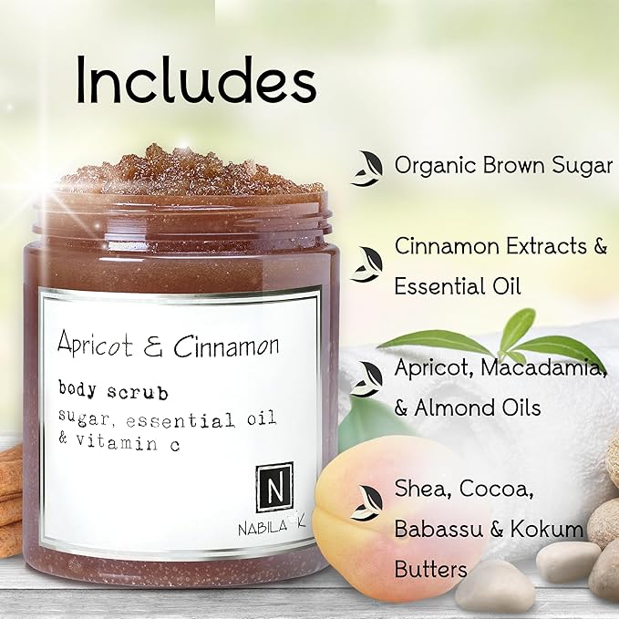 Apricot & Cinnamon Body Scrub Made in USA with Essential Oil and Vitamin C by Nabila K - Exfoliate and Moisturize for Smooth Skin - Luxury for Women & Men, 3 oz