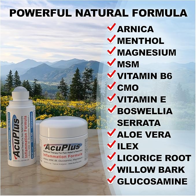 AcuPlus - Topical Pain Relief Anti Inflammatory Cream & Roll On Combo - Soothes Muscles & Joints - Muscle Rub Cream for Arthritis, Bursitis, & Tendonitis - 4 oz. Jar & 3 fl. oz. Roll On