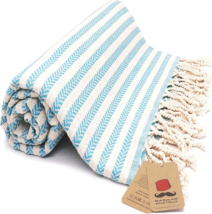 Bazaar Anatolia Turkish Beach Towel – 100% Cotton, Quick Dry, Sand Free Towel for Bathroom, Travel, Camping – Oversized 71x39 Inches – Arpa Turquoise