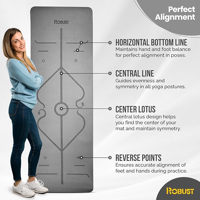 Robust Non-Slip Yoga Mat with Strap, 1/4" Thick TPE Eco-Friendly Workout Mat for Yoga with Position Lines and Texture Surface, Gym Mat for Women, Men, Pilates and Exercises Anti-Tear Sweat-Proof Exercise Mat