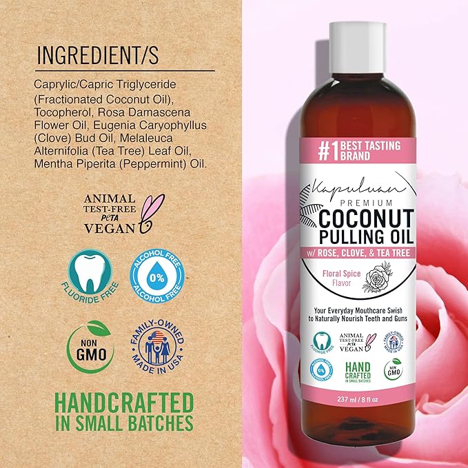 Kapuluan Coconut Oil Pulling for Teeth and Gums Mouthwash, 100% Pure and Natural, Non-GMO, Ayurvedic – Refreshing Rose Clove Essential Oils