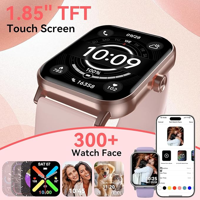 Smart Watch for Men Women, 1.85" HD Touchsreen Fitness Tracker, 120+ Sport Modes, 24/7 Heart Rate & Sleep Monitor, Pedometer, Calories, IP68 Waterproof, Fitness Watch for Android iPhone (Pink)