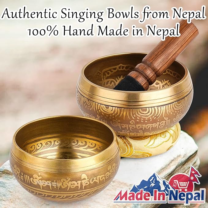 2-Pack Tibetan Singing Bowls Set - 100% Handmade in Nepal, Sound Bowl Meditation Set for Yoga, Chakra Healing, Meditation Gifts, Unique Gifts for Women (Yellow, 3.15 + 4 inch)