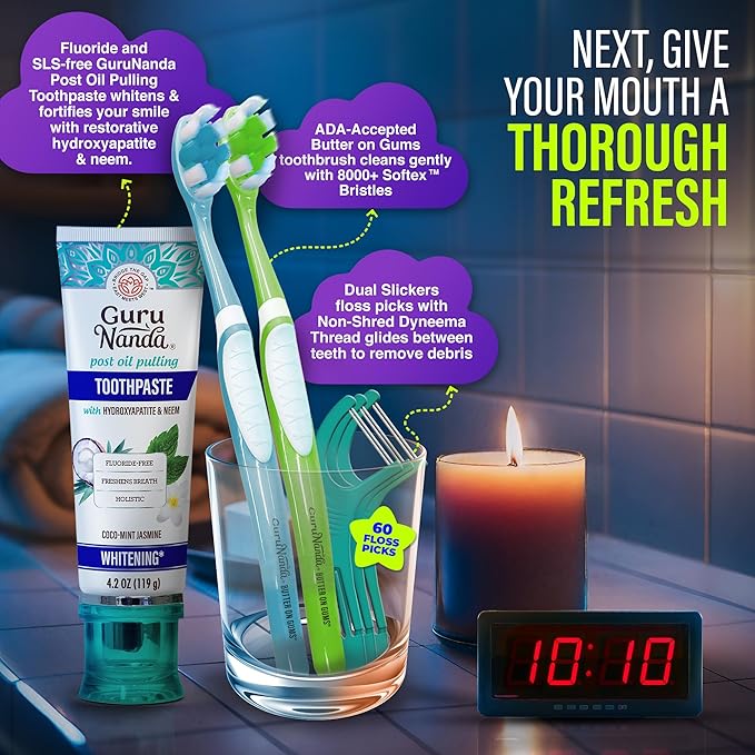 GuruNanda Nighttime Wellness Care Kit – Ashwagandha Oil Pulling, Hydroxyapatite Toothpaste, Magnesium Spray, Toothbrush, Floss Picks, Vitamin E Oil, & Sleep Spray