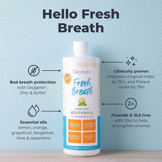 Oxyfresh Premium Lemon Mint Fresh Breath Mouthwash – Oral Rinse for Bad Breath – SLS & Fluoride Free Mouthrinse – Alcohol Free, Gentle Non Burning Mouthwash with Xylitol & Essential Oils, 1 Gallon