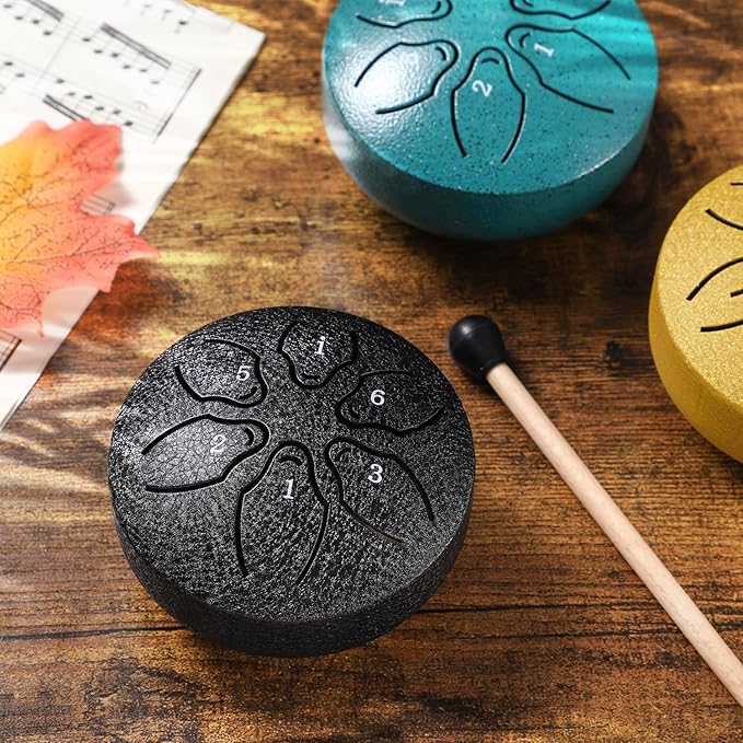 Facmogu Steel Tongue Drum, 6 Notes 3 Inches Rain Drum for Outside, Mini Rain Chime Drum with Bag, Music Book, Drumsticks, Waterlogging Rain Drum for Outside when It Rains - Black (Bowling Pattern)