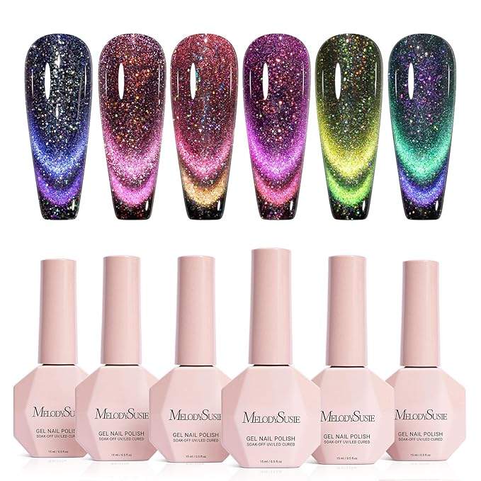 MelodySusie Chameleon Cat Eye Gel Nail Polish Set 6 PCS, 15ml 0.5 Fl Oz Nude Pink Silver Glitter Holographic Magnetic Nail Polish with Magnet, UV Nail Polish for Nail Art Manicure Salon DIY at Home