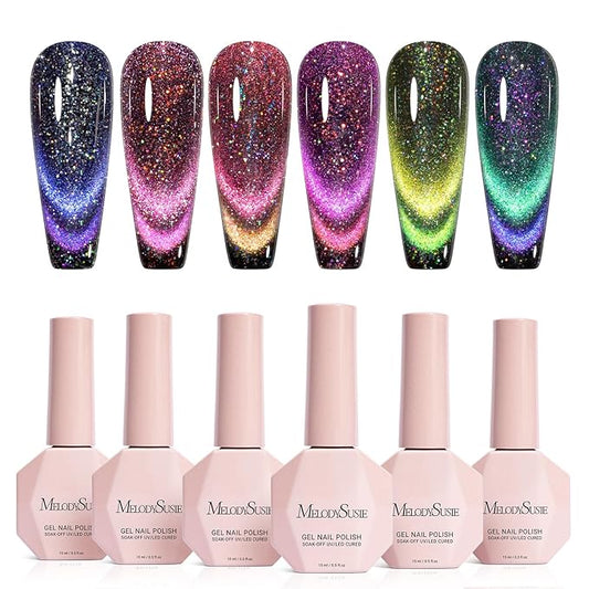 MelodySusie Chameleon Cat Eye Gel Nail Polish Set 6 PCS, 15ml 0.5 Fl Oz Nude Pink Silver Glitter Holographic Magnetic Nail Polish with Magnet, UV Nail Polish for Nail Art Manicure Salon DIY at Home