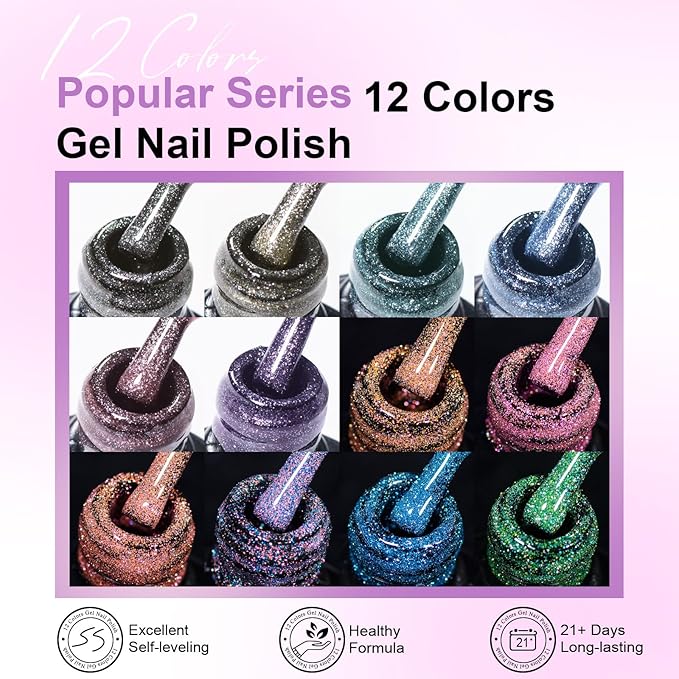 MEET ACROSS Reflective Glitter Gel Polish Jelly Purple Pink Glitter Sparkly Shiny Disco DJ LED Gel Nail Polish Nail Varnish 12PCS