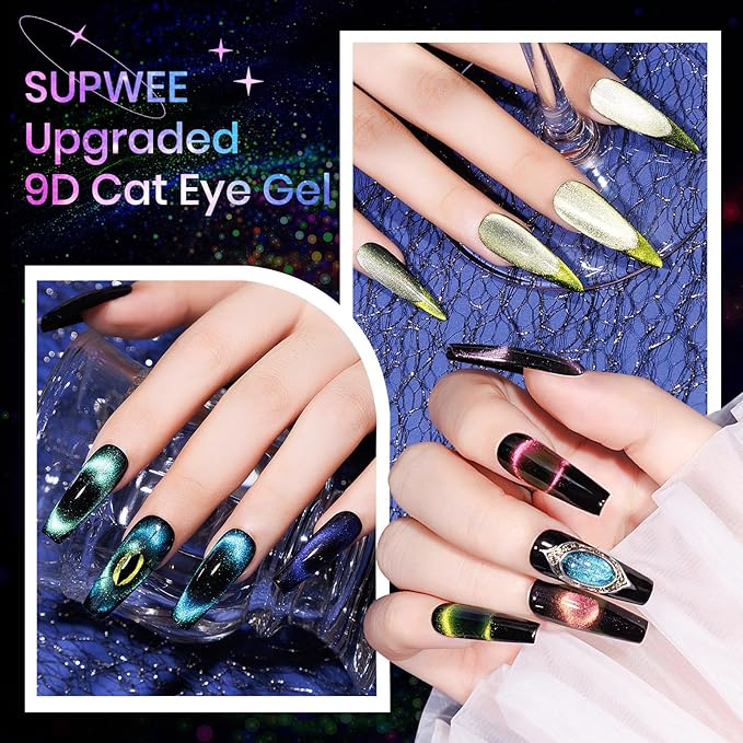 Cat Eye Gel Nail Polish Set - 12 Colors 9D Magnetic Nail Polish Gel Galaxy Cateye Nail Gels Polishes with 1 Black Gels and Magnetic Lamp Cure Required Home Manicure DIY Nail Art