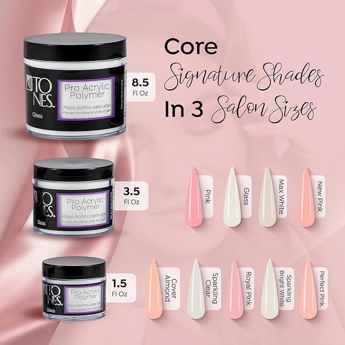 Tones Pro Acrylic Nail Powder, Glass (Clear), (8.5 Fl Oz) - Long-Lasting & Non-Yellowing Polymer for Salon Quality Nail Extensions & 3D Art