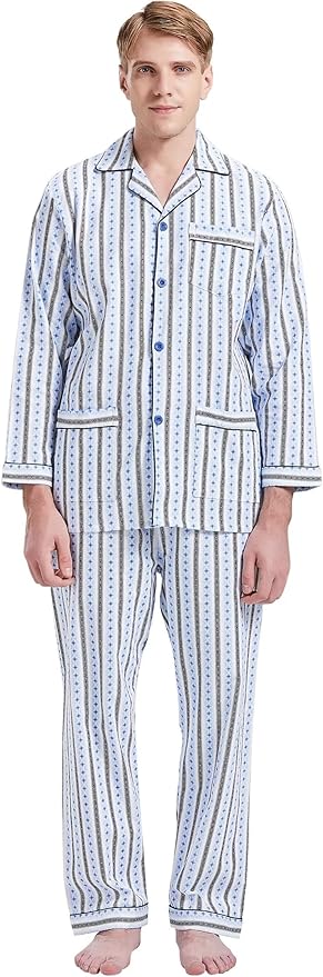 GLOBAL Men's Pajamas Sets 100% Cotton Flannel Sleepwear Long-Sleeve top & Bottom