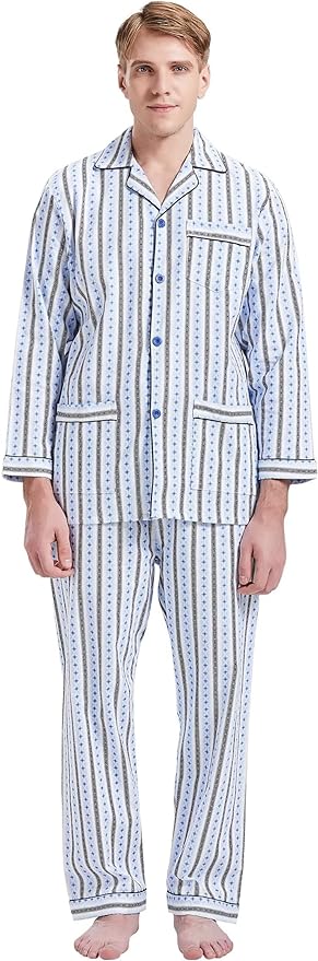 GLOBAL Men's Pajamas Sets 100% Cotton Flannel Sleepwear Long-Sleeve top & Bottom
