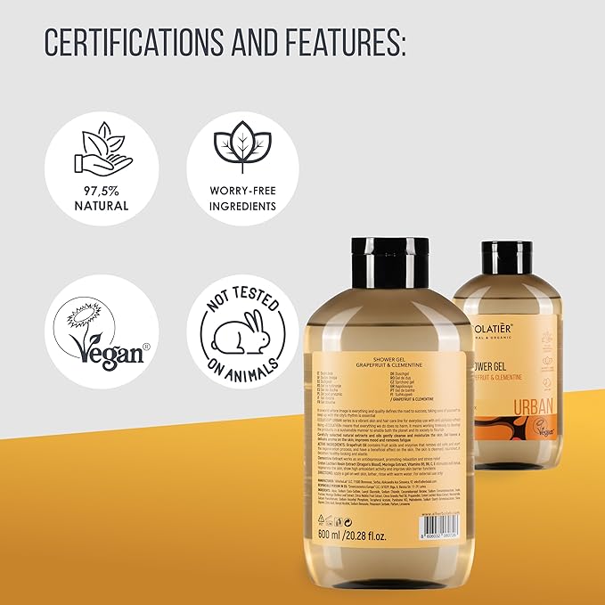 Grapefruit body wash Clementine - 97.5% Natural, Vegan, Cruelty-Free, Refreshing & Moisturizing Body Wash and Natural Shower Gel for All Skin Types, 8.5 Fl Oz by ECOLATIER