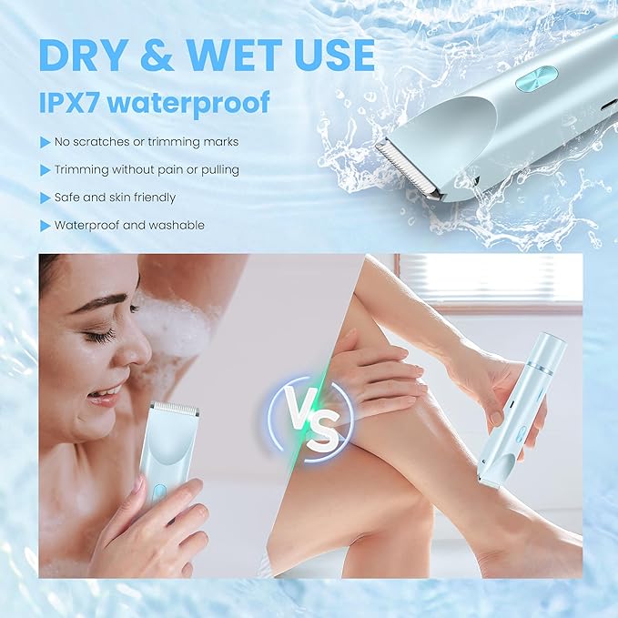 Bikini Trimmer for Women-2 in 1 Dual Head Electric Razors,IPX7 Waterproof Bikini Electric Shaver,Dry & Wet Use Painless Bikini Shaver,Pubic Hair Trimmer for Private Area & Body Hair,Blue