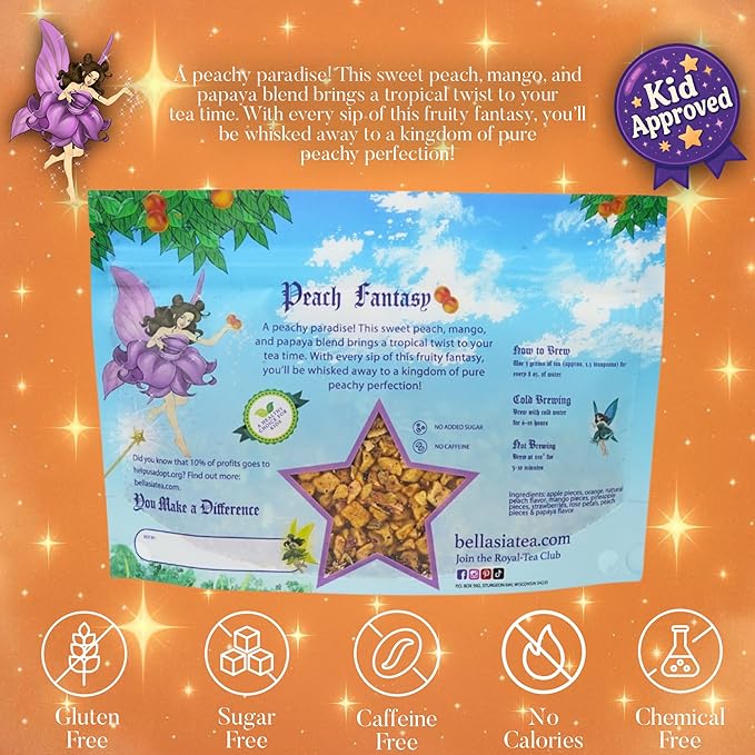 Bellasia Tea Peach Fantasy for Kids Using Real Fruit Pieces - Caffeine Free Herbal Tea Blend with Real Ingredients & Balanced Flavor- Add Loose Leaf Tea to Your Child’s Routine for A Fun & Tasty Drink