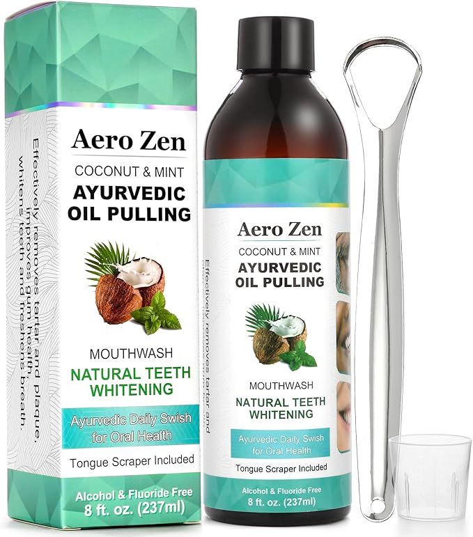 Coconut Oil Pulling Mouthwash with Peppermint - Alcohol-Free Oral Care - Fresh Breath Solution - Organic Essential Oils Formula with Tongue Scraper - Gum Health Treatment - 237ML
