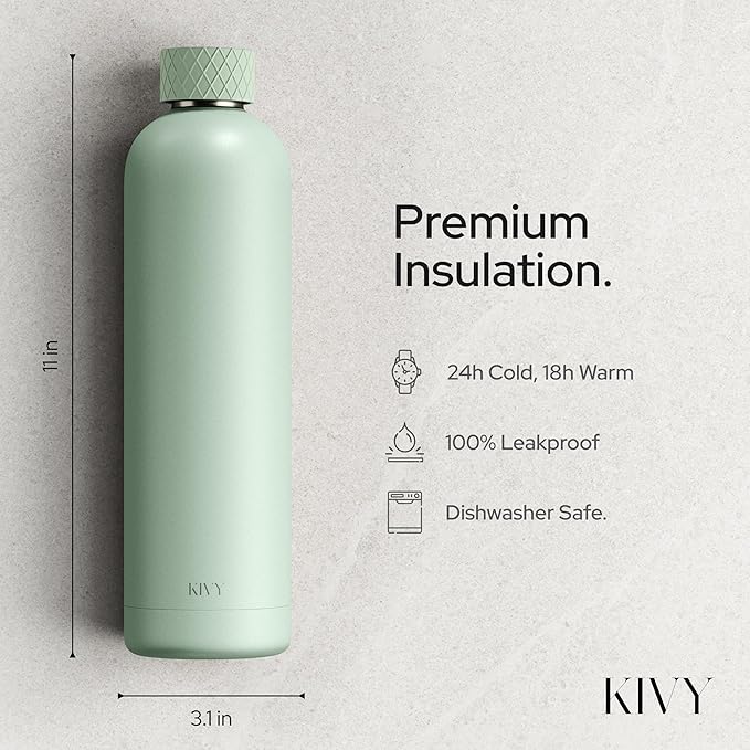 KIVY 32oz Stainless Steel Insulated Water Bottle - Leak Proof, Keeps Cold Up to 24 Hours, Hot Up to 18 Hours - 1 Liter Capacity, Premium Insulation, Leakproof Lid