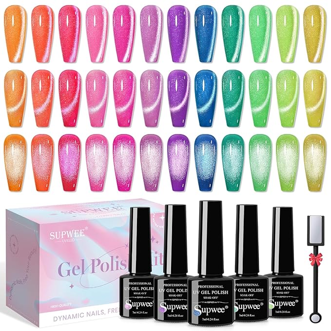 12 Colors Neon Cat Eye Gel Nail Polish with Magnetic Cateye Nail Polish Gel Yello Pink Purple Cat Eye Effects Summer Collection for Home Manicure