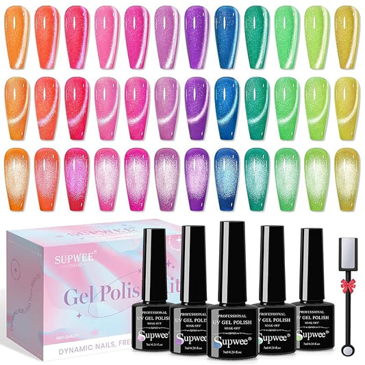 12 Colors Neon Cat Eye Gel Nail Polish with Magnetic Cateye Nail Polish Gel Yello Pink Purple Cat Eye Effects Summer Collection for Home Manicure