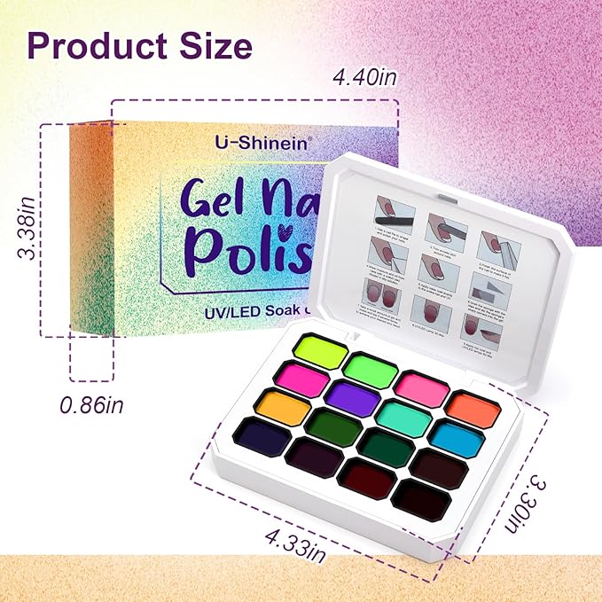 Gradient Gel Nail Set,16 Bright Neon Color for Ombre Fluorescent Jelly Nail Polish Platte, Pat Painting Gel French Nail Manicure No-wipe DIY Art Home Salon Soak of UV Cyber Gelight