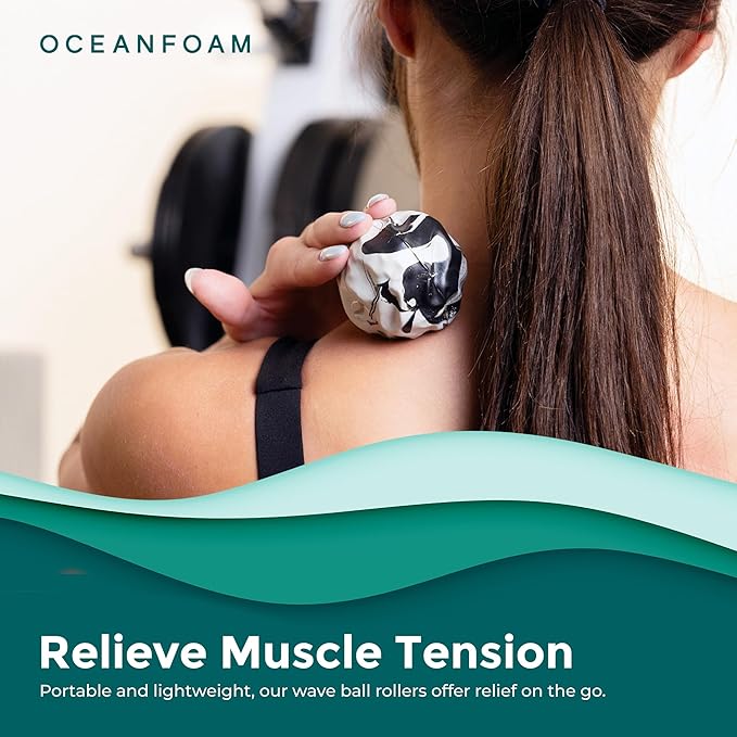 Oceanfoam Wave Massage Ball Roller – Textured Lacrosse Ball for Plantar Fasciitis Relief, Muscle Knot Therapy, Myofascial Release – Travel Size Tool for Feet, Neck, Back Pain (Black Marbled) Pack of 3