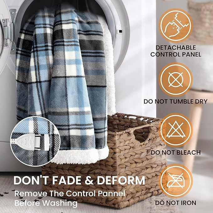 Heated Blanket Electric Throw-50''x60''Ultra Soft Cozy Plaid Flannel Fast Heating Electric Blanket with 10 Heat Levels & 10 Hours Auto Off, ETL Certified, Keep Warm in Couch Bed Office(Blue)