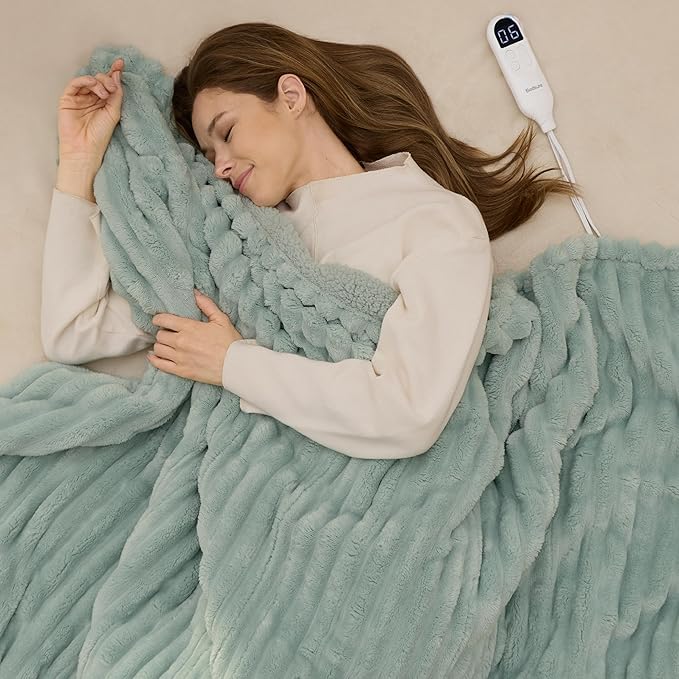 Bedsure Electric Blanket Twin - Thick Striped Flannel Electric Blanket, Heating with 10 Time Settings, 6 Heat Settings, and 8-Hour Timer Auto Shut Off, Gifts for Grandma (62x84 inches, Green)