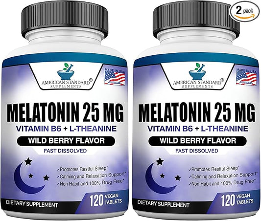 Melatonin 25mg Per One Tablet, 120 Chewable Tablet with L-Theanine & Vitamin B-6, Supports Healthy Sleep Cycle , Promotes Calming & Restful Sleep, Vegan, NON GMO, Made In USA (Pack of 2)