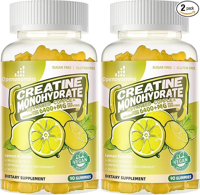 Creatine Monohydrate Gummies Complex 6400mg for Men & Women -Advanced Formula W/L-Taurine + Vitamin B12, Sugar Free Chewable Supplement,180 Lemon Gummies 2pack