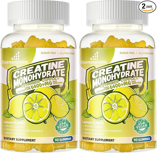 Creatine Monohydrate Gummies Complex 6400mg for Men & Women -Advanced Formula W/L-Taurine + Vitamin B12, Sugar Free Chewable Supplement,180 Lemon Gummies 2pack