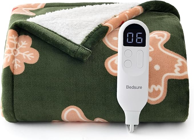 Bedsure Christmas Heated Blanket Throw - Soft Flannel Sherpa Electric Blanket with Gingerbread Pattern, Heated Throw as a Gift, with 6 Heating Levels, 4 Time Settings, and 3-Hour Auto-Off (50"x60")