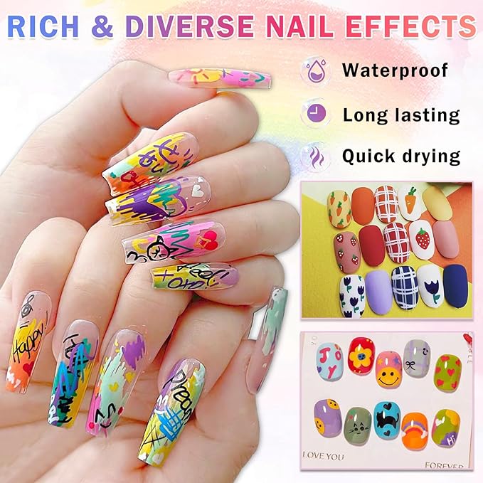 60 Colors Nail Art Pens Set Nail Polish Pens Nail Art Drawing Graffiti Marker Pen Quick Dry Waterproof Nail Art Painting Pens Kit for Home DIY Nail Art Design