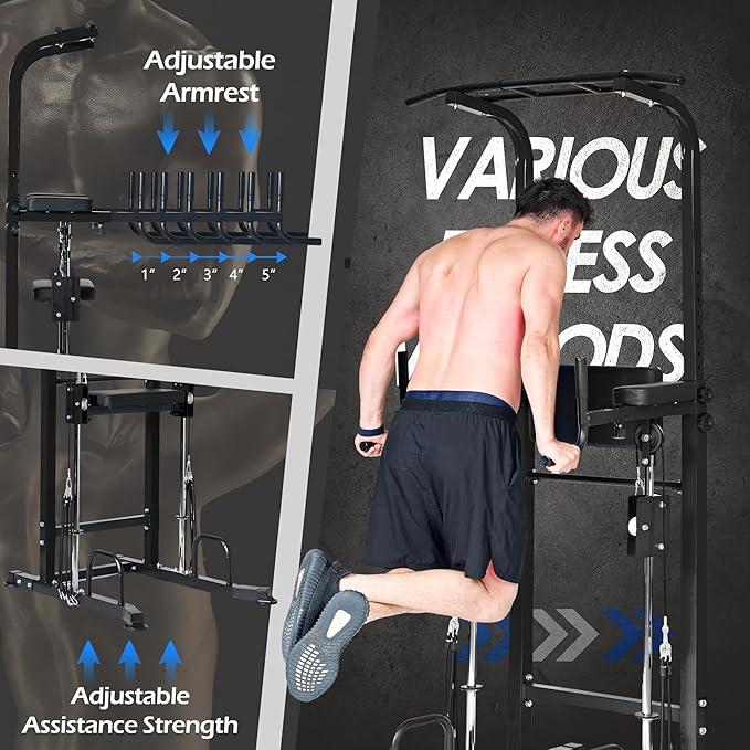 Dland Power Tower Dip Station Pull Up Bar Exercise Tower, Free Standing Pull Up Bars For Home Gym Strength Training Workout Equipment