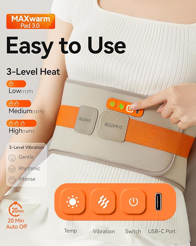 Portable Heating Pad with Massager for Back Pain Relief: MAXwarm 3.0, IKEEPFIT Electric Cordless Heat Pad for Period Cramps, Extra Large 65", 8000mAh Battery, Gift for Women Men(Beige)