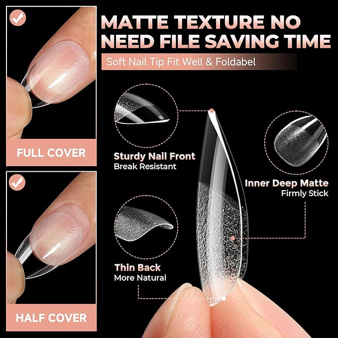 UNA GELLA Short Almond Gel Nail Tips Half Matte Short Almond Gel Nail Tips Full Cover Strong&Lasting Clear Gelly Acrylic False Nails Tips 120pcs DIY Nail Art Salon 12 Sizes for Women